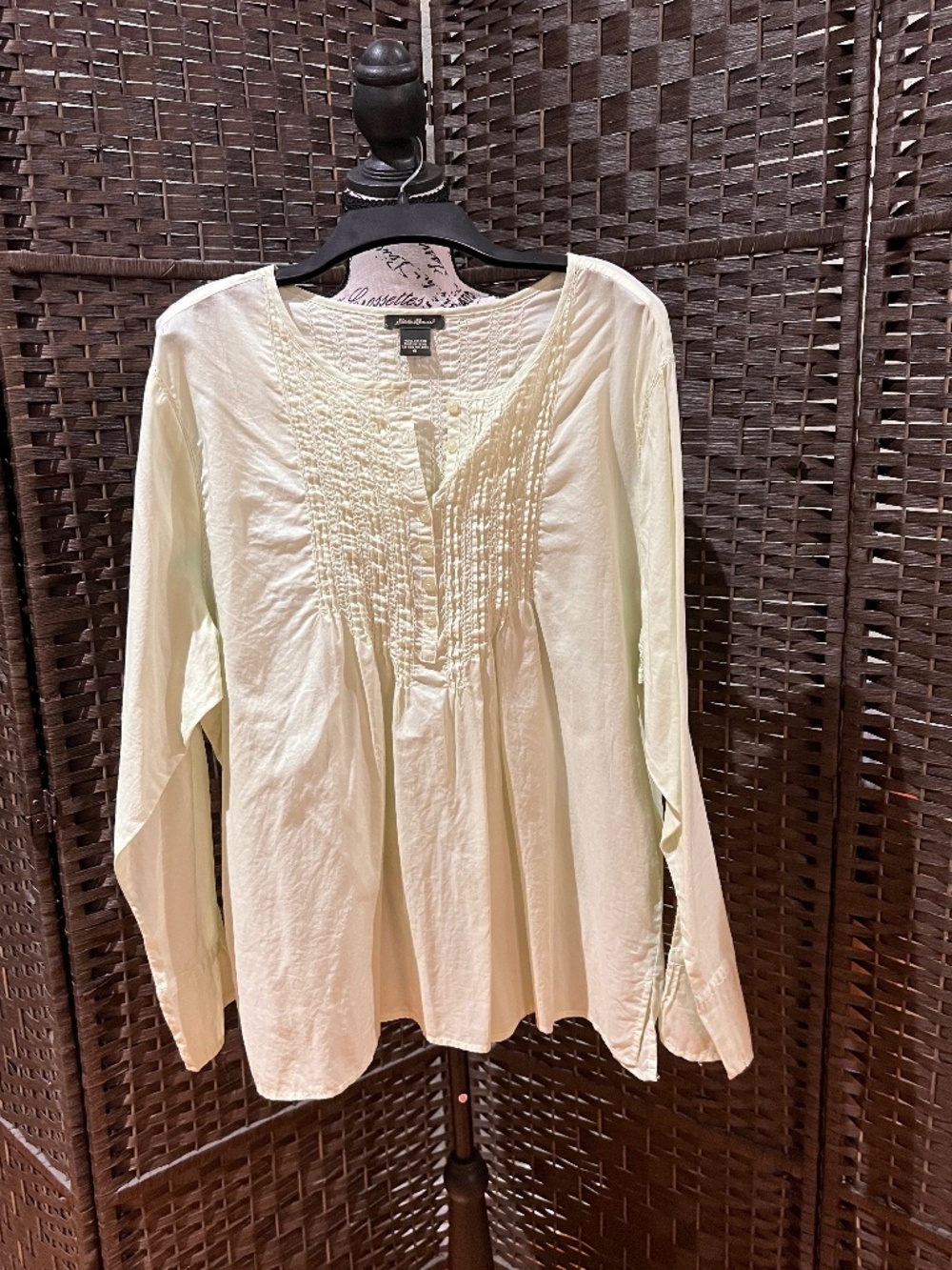 Eddie Bauer Pintuck Cotton Peasant Blouse Mint Green Boho Size XL
